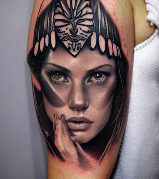 Image similar to tattoo design on white background of a beautiful girl warrior, hyper realistic, realism tattoo, by eliot kohek