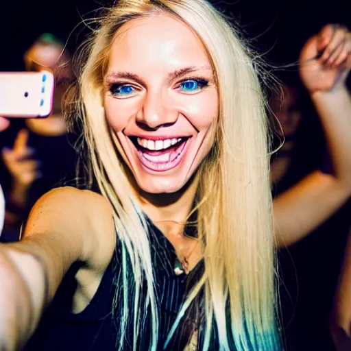 Prompt: skinny blond reporter with long deadlocks takes a smiling selfie in front a rave, winking at the camera, high detail, full focus, time magazine 2 0 2 2