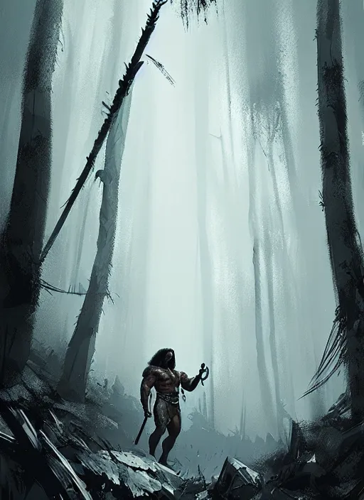 Image similar to schwarzenegger as conan the barbarian, grey forest background, by ismail inceoglu