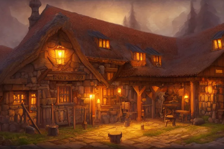 Image similar to a digital painting of an isometric wooden medieval tavern by justin gerard, paul bonner, highly detailed, volumetric lighting, digital art, isometric, artstation hd