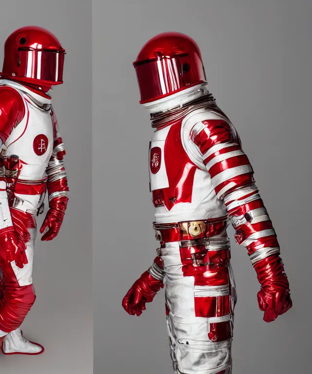 Prompt: photography of red and white space suits designed for knights templar, tubings, helmet with intricate design, golden linings, photo shoot, by annie leibovitz, sigma 85mm 1.4, glows, sharp, high contrast, octane render