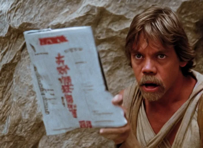 Prompt: screenshot photo of Luke Skywalker in the film temple of doom (1984) finding the ancient jedi texts in a rocky cave, Photographed with Leica Summilux-M 24 mm lens, ISO 100, f/8, Portra 400, 4K, anamorphic