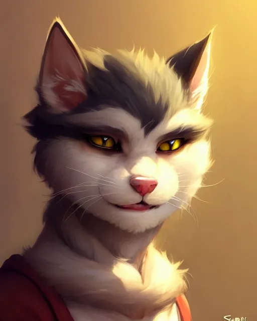 Image similar to character concept art of a male anthropomorphic furry cat | | cute - fine - face, pretty face, key visual, realistic shaded perfect face, fine details by stanley artgerm lau, wlop, rossdraws, james jean, andrei riabovitchev, marc simonetti, and sakimichan, trending on artstation