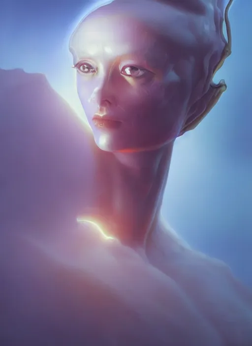 Image similar to biblical female android, glowing veins, in clouds, sunset, big eyes, portrait by wayne barlowe, studio lighting, muted colors, by frank frazetta, extreme detail, reflections, trending on artstation, 8 k