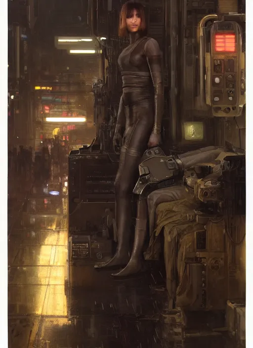 Image similar to blade runner with four robotic legs ( blade runner 2 0 4 9, dystopian, cyberpunk 2 0 7 7 character design ). orientalist portrait by john william waterhouse and james gurney and theodore ralli and nasreddine dinet, oil on canvas. cinematic, hyper realism, realistic proportions, dramatic lighting, high detail 4 k