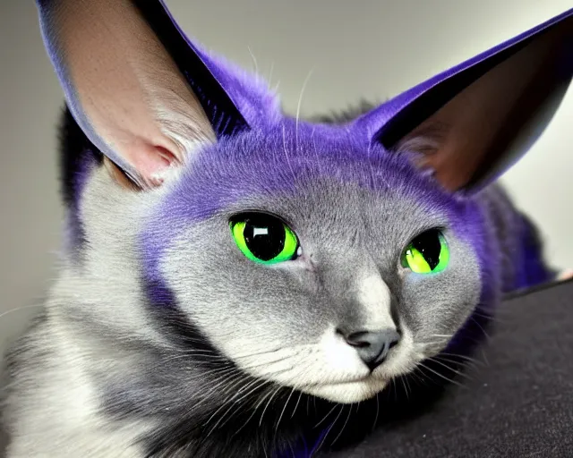 Image similar to a blue - and - black male blue / green heterochromatic catbat fursona with blue / green heterochromatic eyes ( one eye green ) and huge bat ears, photo of the catbat streaming on his computer