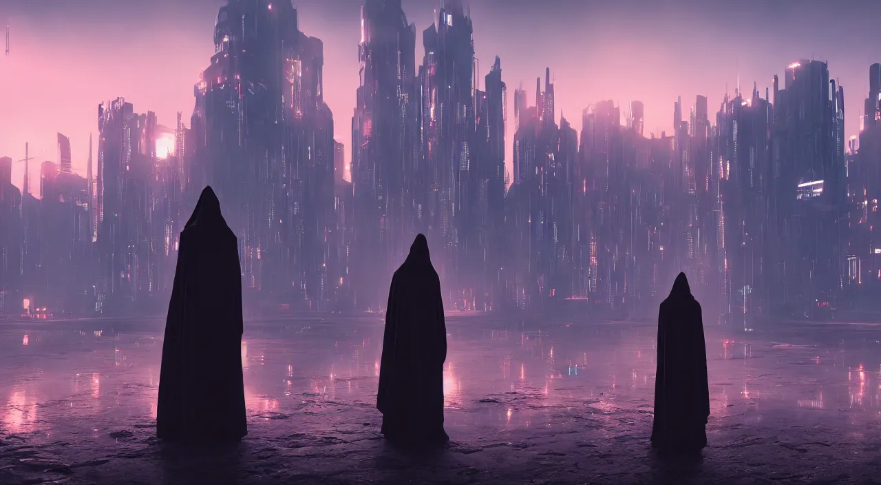 Image similar to a singular cloaked figure standing in the foreground of a cyberpunk landscape, synth, puddles, sunrise