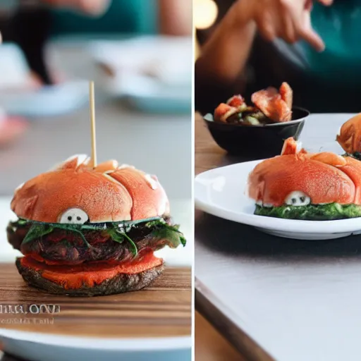 Image similar to an real life of crabby patty in table, real photo, photorealistic, food photography