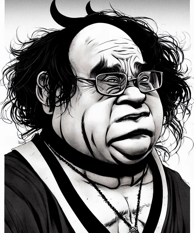 Image similar to a ( fantasy comic ) ( cover art ) portrait of a drunken dwarf monk who looks like ( danny devito in taxi ), digital illustration by jenny frison and sana takeda and kentaro miura, fine inking lines, dnd, highly detailed!, hd, 4 k, trending on artstation