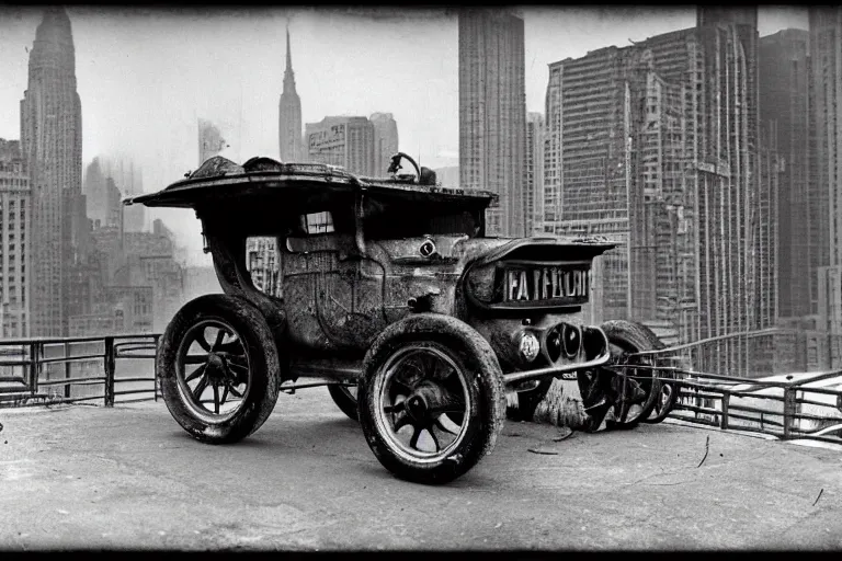 Image similar to cyberpunk 1 9 0 8 model ford t by paul lehr, metropolis, parked by view over city, vintage film photo, robotic, black and white photo