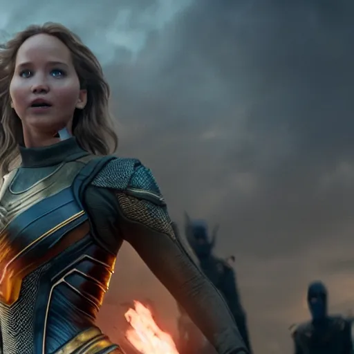 Image similar to Jennifer Lawrence as Thanos snapping his fingers with the eye of sauron in the background, 8k, high detail