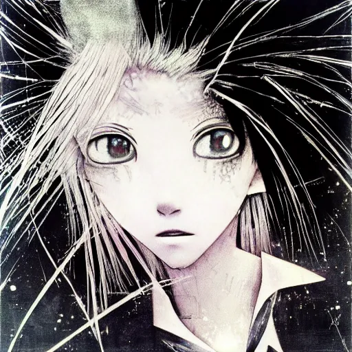 Prompt: Yoshitaka Amano dreamy and blurry illustration of an anime girl with white hair and cracks on her face wearing dress suit with tie fluttering in the wind, abstract black and white patterns on the background, head turned to the side, noisy film grain effect, highly detailed, Renaissance oil painting, weird portrait angle