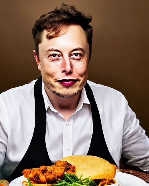 Image similar to a portrait of elon musk sitting at the dining table with a plate containing idli and sambar in front of him, highly detailed, trending on artstation, bokeh, 9 0 mm, f / 1. 4