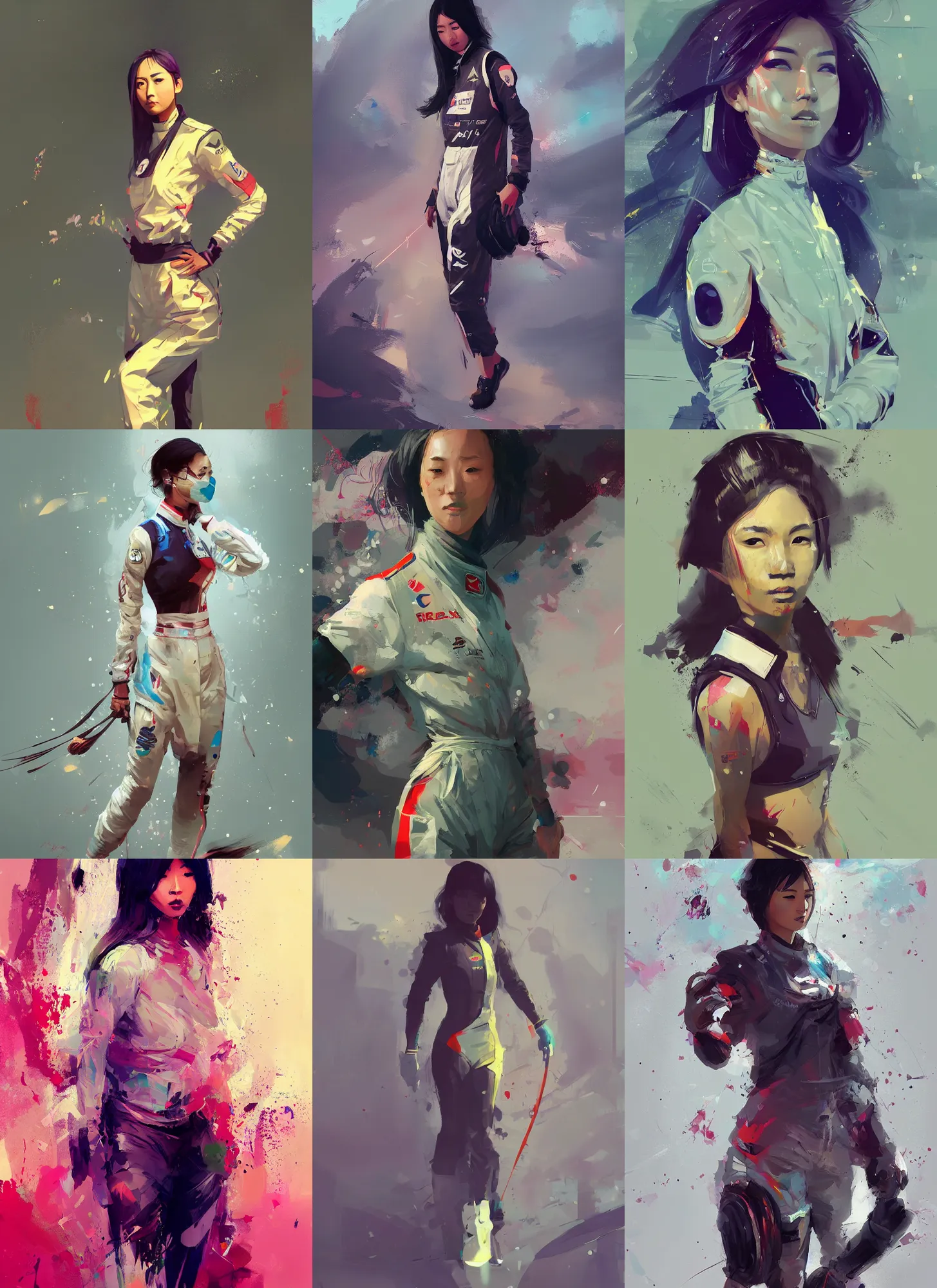 Prompt: a beautiful digital painting art of a full body portrait of an asian female race driver, artwork by ismail inceoglu, trending on artstation