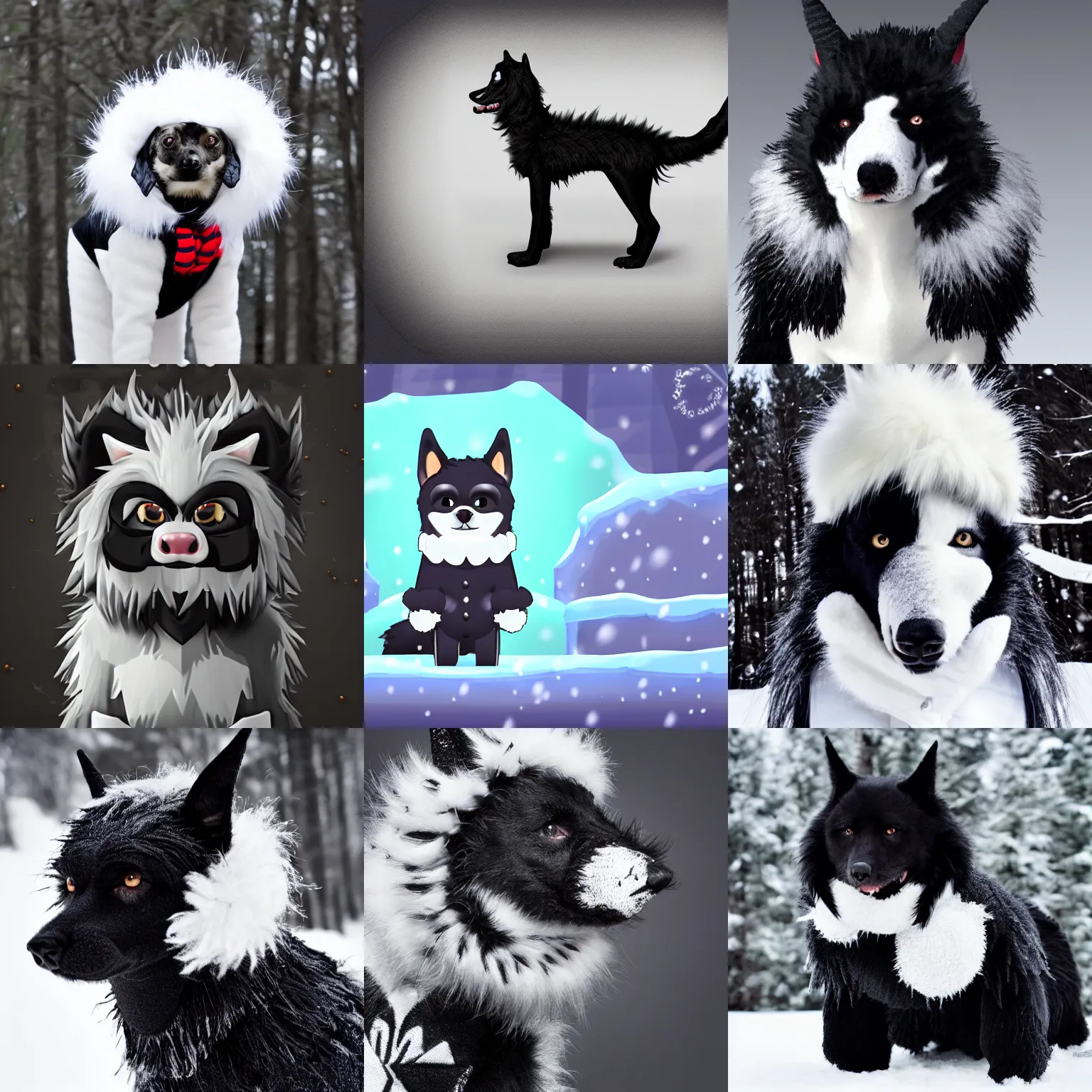 Prompt: screenshot of black and white anthropomorphic hellhound with fluffy fur wearing a stylish winter outfit, smooth edges