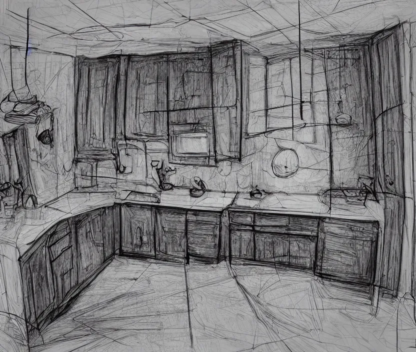 Image similar to An of interior of a kitchen at night, rotoscoped, rotoscope, photoshop, photomanipulation, realism, painting, illustration and sketch, weird scribbles, hybrid styles, hybrid art styles, mismatched, trending on artstation, trending on deviantart, weird, quirky, interesting, very detailed, highly detailed, HD Quality, 4k resolution, 8k resolution, in the style of David Firth, in the style of James Lee, in the style of Drue Langlois,