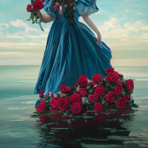 Image similar to a painting of a wonderful lady dressed with a large and decorate majestic roses cotton dress that is coming out from a ocean, dramatic light, octane--8k