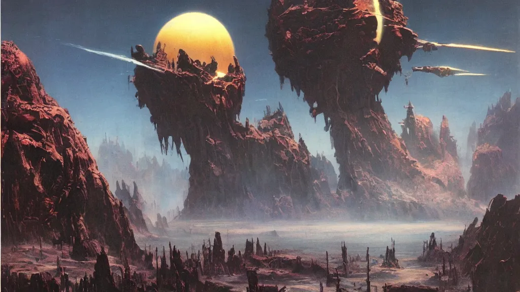 Image similar to eerie alien planet empire by frank frazetta and bruce pennington, cinematic matte painting