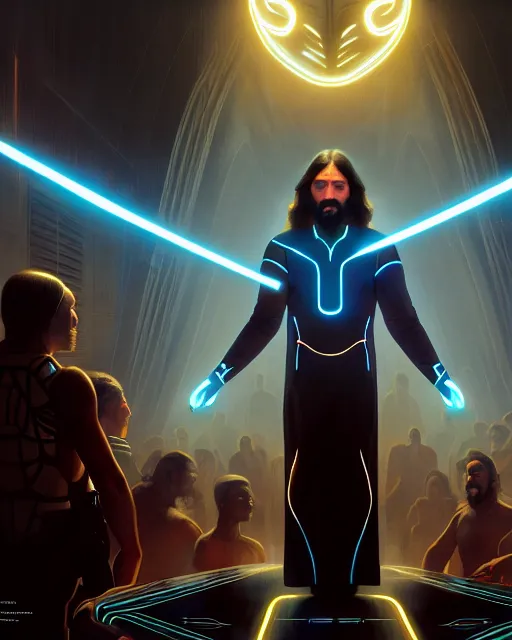 Image similar to tron legacy jesus performing miracles for a crowd, diffuse lighting, hyper realistic, concept art, intricate, hyper detailed, smooth, sharp focus, illustration, artstation, greg rutkowski, james gurney, alphonse mucha