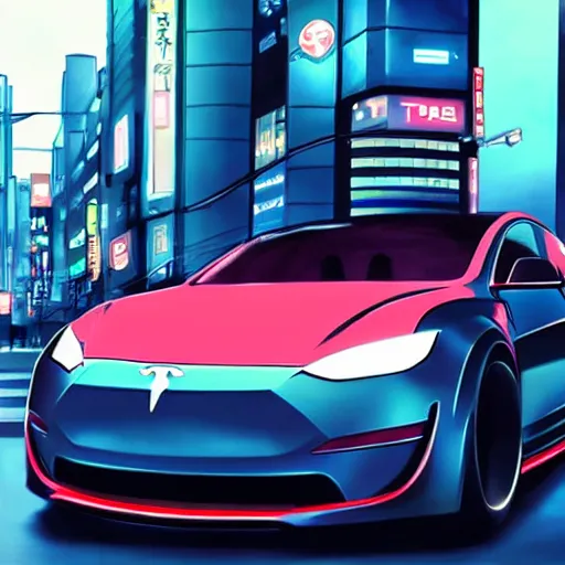 Image similar to cyberpunk tesla in the streets of tokyo, anime style