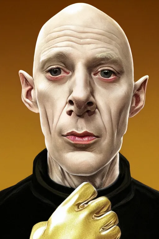 Prompt: a bald pale man in his late nineties. stately and dour in his expression. eyeliner accentuates his sunken eyes. a high black turtleneck covers his thin neck. opulent white golden red robe. white leather gloves with gold decoration, black turtleneck, sharp focus, illustration, digital painting, art by magali villeneuve