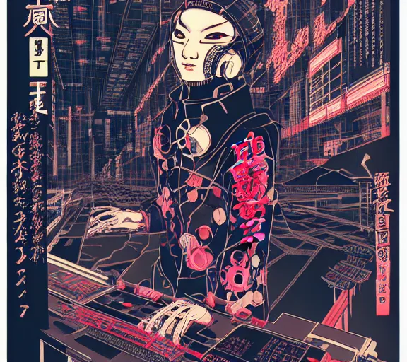 Image similar to futuristic japanese cyberpunk silk screen by utagawa yoshiiku, ohara koson, pixiv contest winner, cyberpunk style, cyberpunk color scheme, mechanical, robotic, human machine interface, high resolution, hd, 4 k