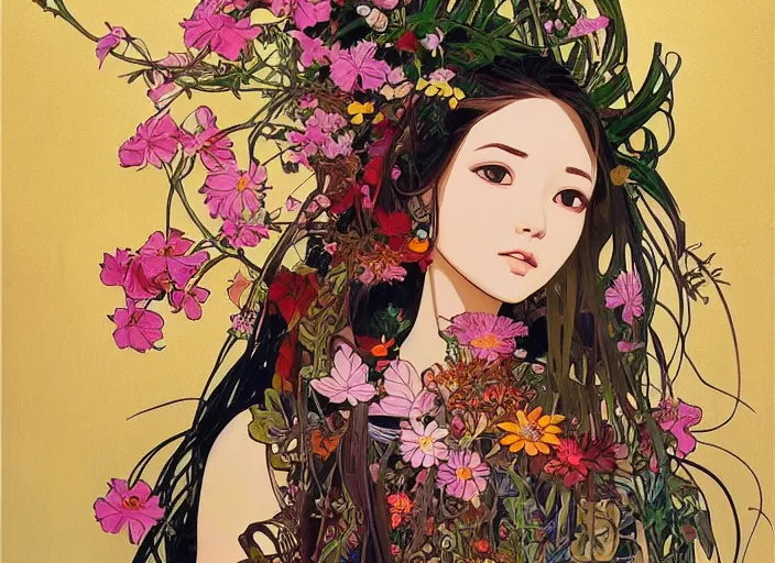 Image similar to !!! very coherent!!! oil painting, beautiful floralpunk iban bio mechanical portrait girl female illustration detailed patterns art of sarawak traditional dress, flower pop art, floral splash painting, art by ashley wood, alphonse mucha, makoto shinkai, geof darrow, dark shadow