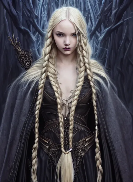 Prompt: mystical gothic mage hades blonde braided hair dove cameron, mountain, heavy cloak, bone armor, black leather accents, cloth jerkin, dead forest, fantasy character portrait, ultra realistic, intricate, elegant, highly detailed, digital painting, artstaion, smooth, sharp, focus, illustration, art by artgerm and greg rutkowski and alphonse mucha