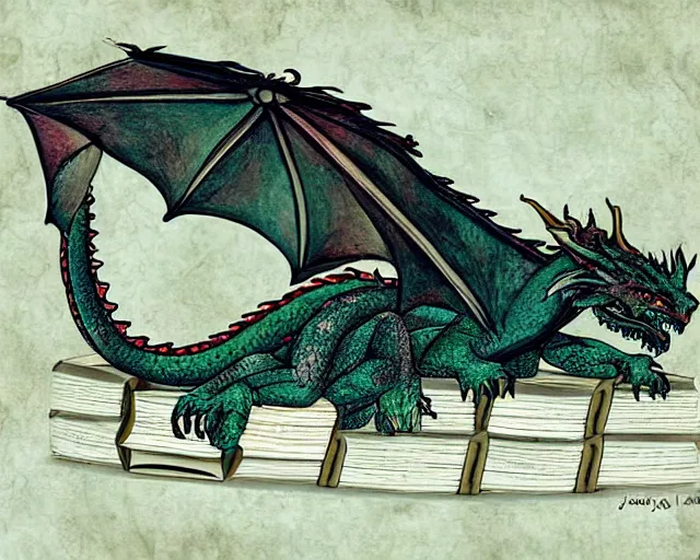 Prompt: A huge dragon sleeping on a huge pile of tiny books, by Jody A Lee.