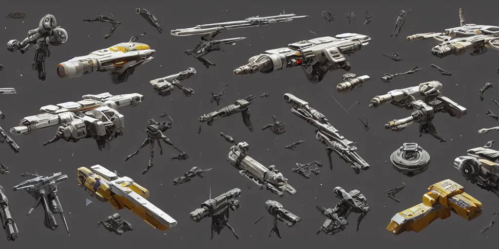 Image similar to futuristic sci - fi props and gadget, hard surface, collection, kitbash, parts, shape and form, in watercolor gouache detailed paintings, star citizen, modular, pieces, golden ratio, mobius, weapon, guns, destiny, big medium small, insanely details, wes anderson