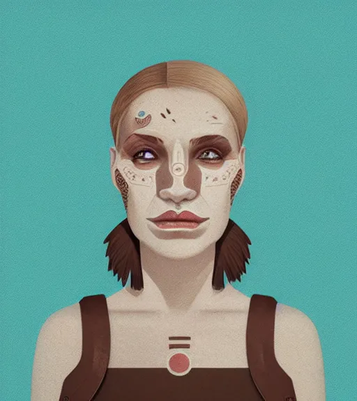 Image similar to portrait of a woman raised on the island face tatooes by james gilleard, dynamic lighting, gradient light blue, brown, blonde cream and white color scheme, grunge aesthetic