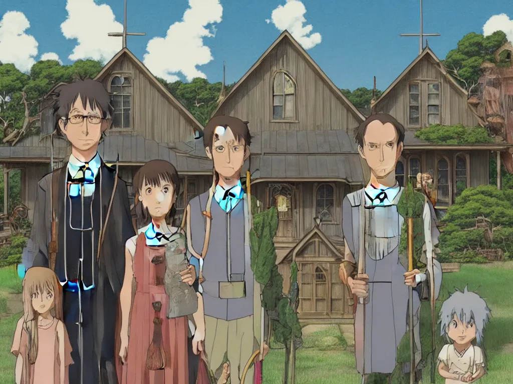 Image similar to american gothic in detailed studio ghibli anime style