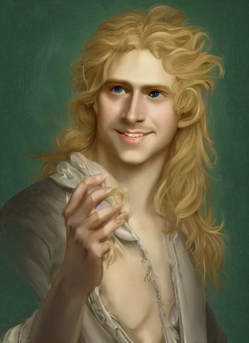 Prompt: portrait of a smiling blond handsome man with long hair and green eyes in baroque art, anime inspired, High Res 8K,hyperdetailed