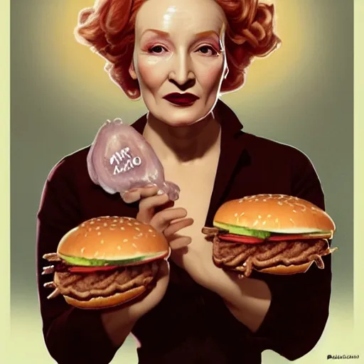 Prompt: portrait of Marlene Dietrich eating hamburgers, extra onions and ketchup, luscious patty with sesame seeds, feminine ethereal, handsome, D&D, fantasy, intricate, elegant, highly detailed, digital painting, artstation, concept art, matte, sharp focus, illustration, art by Artgerm and Greg Rutkowski and Alphonse Mucha