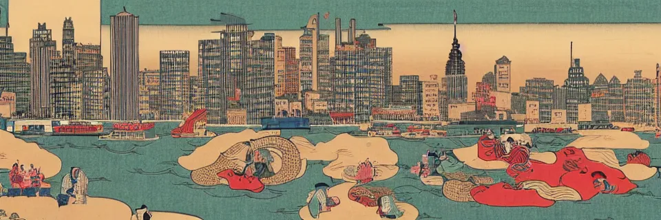 Image similar to new york in the style of ukiyo - e