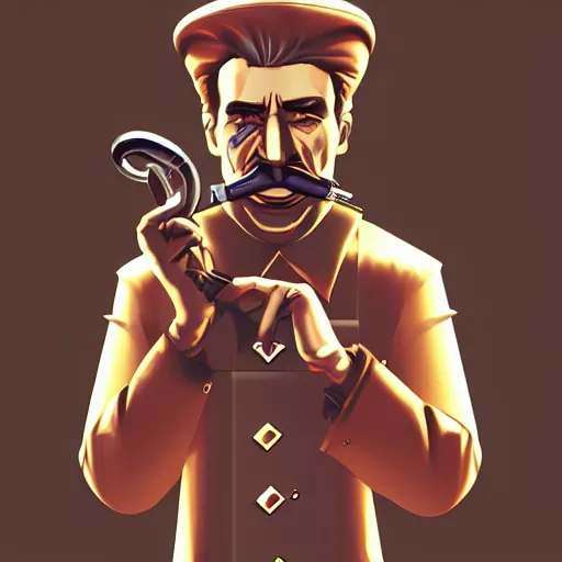 Image similar to cyberpunk joseph stalin smoking a pipe as the leader of a futuristic communist society, cybernetics, sharp lines, digital, artstation, colored in