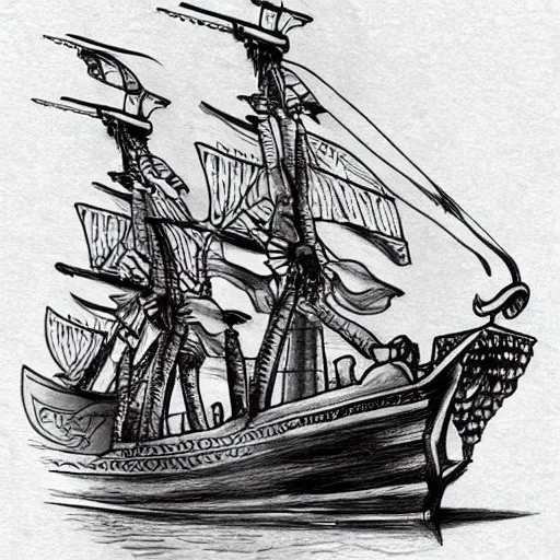 Prompt: realism tattoo design sketch of a pirate ship, in the style of Sivak