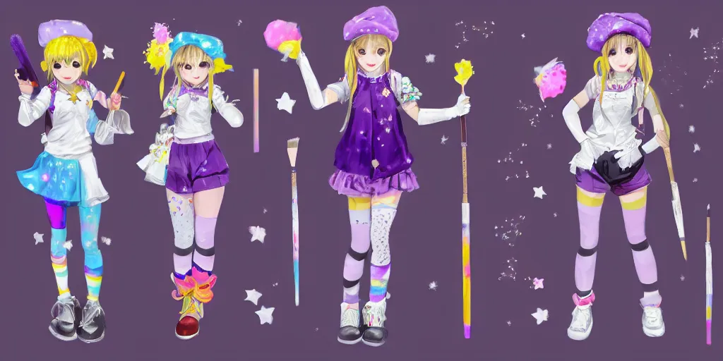 Prompt: A character sheet of a magical girl holding a paintbrush with short blond hair and freckles wearing an oversized purple Beret, Purple overall shorts, jester shoes, and white leggings covered in stars. Rainbow accents on outfit. Concept Art. By CLAMP. By WLOP. Realistic. JPOP Outfit. KPOP Outfit