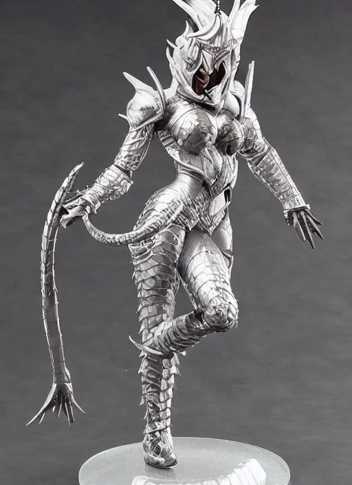 Image similar to 80mm, resin detailed model figure of a female wearing a silver dragon armor without helmet