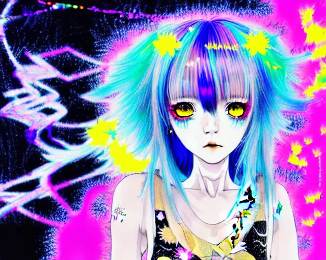 Image similar to neo tokyo japanese anime kawaii decora hologram of rimuru tempest, sky blue hair, golden yellow eyes, wearing black stylish clothing, holography, irridescent, baroque visual kei glitch art, a detailed pencil portrait with watercolor of a beautiful monster high doll, by sabrina eras, alice x. zhang, agnes cecile, blanca alvarez