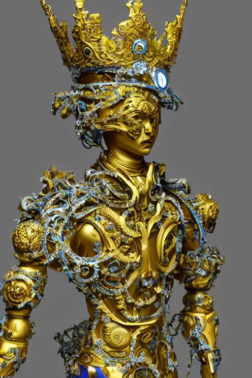 Prompt: full-body baroque and space age style sculpture of a young handsome Spanish android prince with a chest exposing a large glowing blue diamond, glowing yellow laser eyes, crown of white gears and diamonds, swirling green-colored silk fabric, baroque elements. full-length view. intricate artwork by caravaggio. Trending on artstation, octane render, cinematic lighting from the right, hyper realism, octane render, 8k, depth of field, 3D