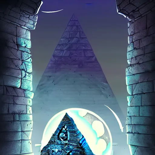 Prompt: highly detailed environment concept alt art doorway symmetrical moon inside glowing portal in the pyramid finely detailed illustration animation key frame