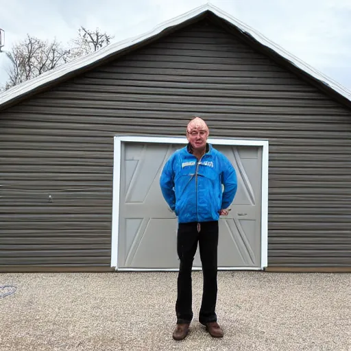 Image similar to neptune standing in his garage, very detailed photo