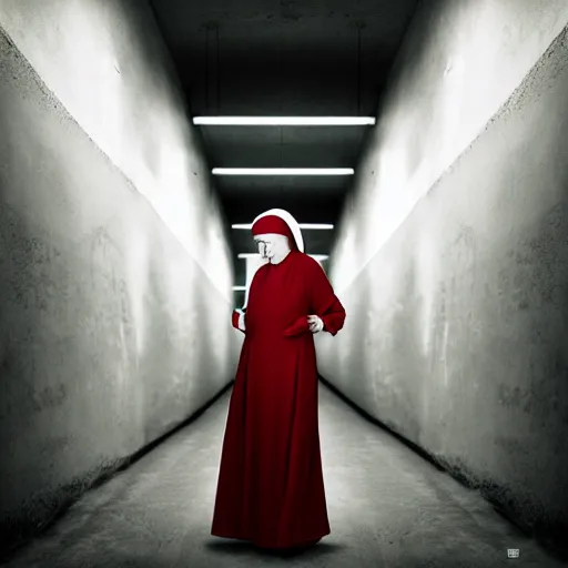 Prompt: portrait of a nun in red clothes, staying in concrete corridor, dark, moody, scary, paranoid, by Hugh Kretschmer