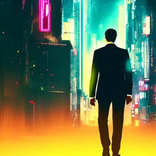 Prompt: a man in a suit walking away from an explosion, cityscape, neon, cyberpunk, bladerunner