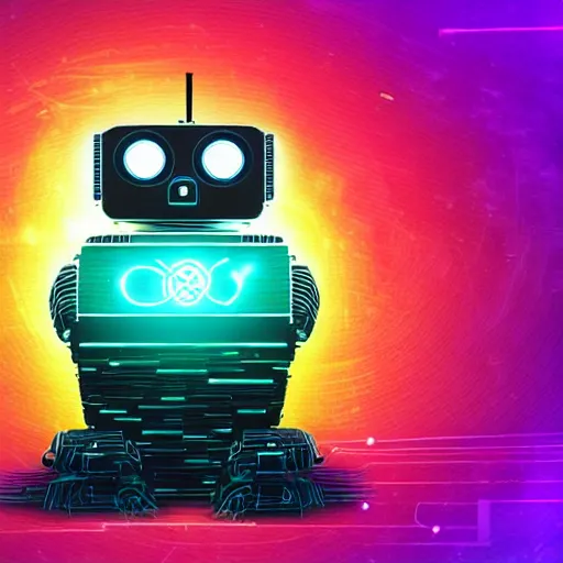 Prompt: artificial intelligence logo, in the middle is a portrait of the robot wall - e in the style of cyberpunk neon art highly detailed colorful image, sharp focus, bright colors