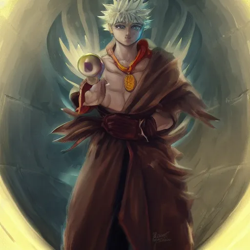 Image similar to portrait portrait portrait of Killua Zoldyck Mage doctor wearing a fireball in his right hand whilst wearing a waterball in his left hand whilst wearing a Shield of Omnipotence greg rutkowski peter mohrbacher anato finnstark marc simonetti Grisaille Realism