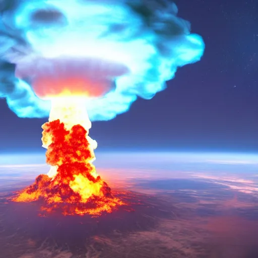 Prompt: nuclear explosion + burning mushroom cloud + hyper real + unreal engine 5 + view from space + beautiful lighting + post processing + 4k