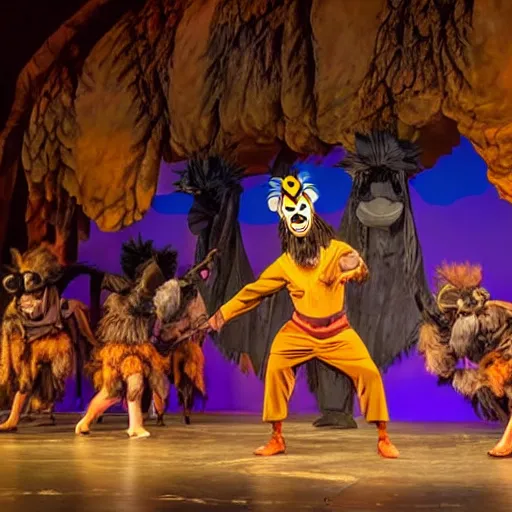 Image similar to mad mascot costumes in the lion king stage show at disneyland, covered outdoor stage, theatrical lighting, iphone video