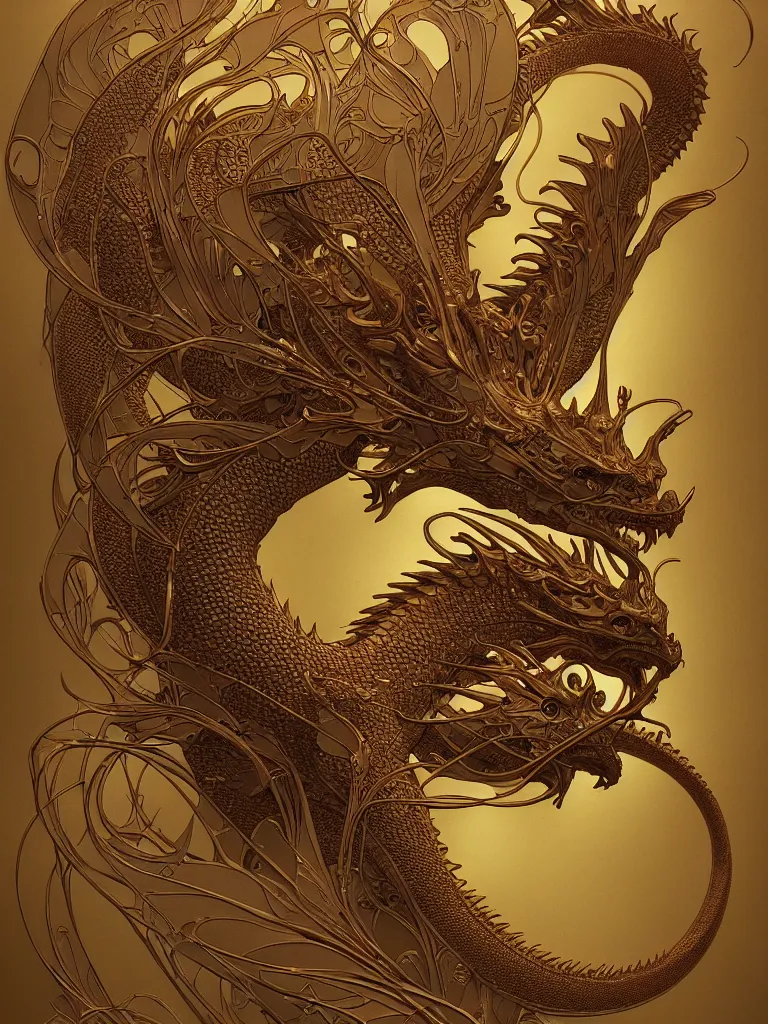 Image similar to close-up portrait dragon 3d composition, mucha, moebius, New art nouveau, gold betta fish, bioluminescent, intricate artwork by Tooth Wu and wlop and beeple. octane render, trending on artstation, greg rutkowski very coherent symmetrical artwork. cinematic, hyper realism, high detail, octane render, black studio background, 8k
